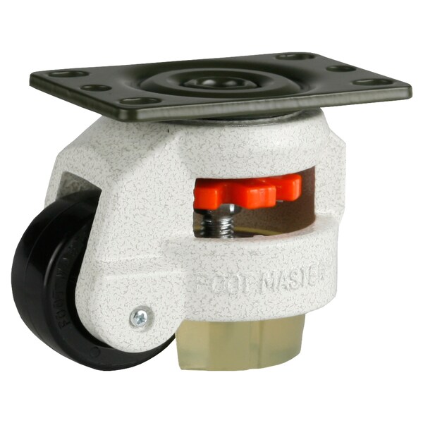 Leveling Caster, 50 mm Nylon Wheel, 2-1/2 x 3-1/4 Plate, Swivel, 280 kg Cap, PU Foot Pad, Ivory
